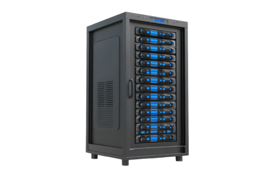 Dark gray server rack with rows of blue-lit storage drives
