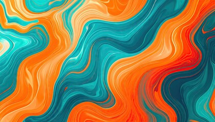 Abstract Composition Of Wavy Fluid Lines In Cyan And Orange Colors Creating A Textured Background