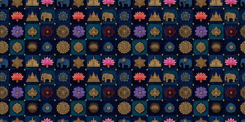 Intricate indian seamless pattern with elephants, lotus flowers, and mandalas on dark background