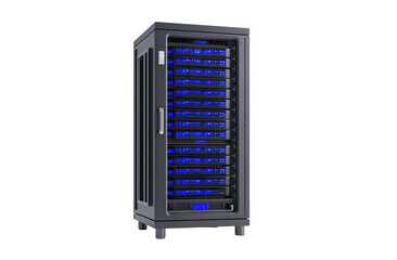 Dark gray server rack with illuminated drive bays