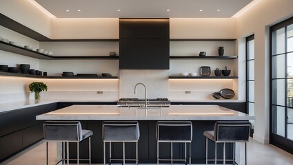 The interior of a luxurious and modern minimalist kitchen with a large black island, bar stools, and warm ambient LED lighting creating an elegant design