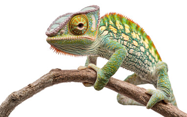 Chameleon portrait a branch on white background,png
