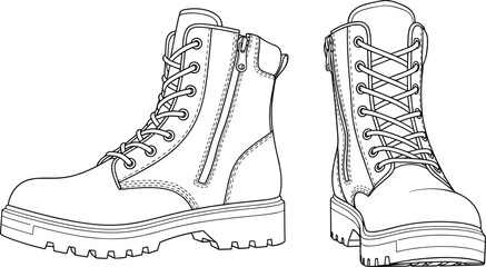 Flat vector illustration of rugged lace-up combat boots with zipper, side view technical cad drawing for fashion footwear design
