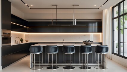 The interior of a luxurious and modern minimalist kitchen with a large black island, bar stools, and warm ambient LED lighting creating an elegant design