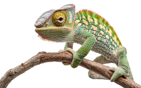 Chameleon portrait a branch on white background,png