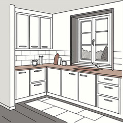 Minimalist Kitchen Vector Illustration with Bright Window, White Cabinets, and Wooden Accents in Clean Modern Style
