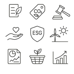 ESG Icon Set. Line style icons of ESG & Sustainable Investing: green bond leaf, carbon offset tag, social impact hand, governance