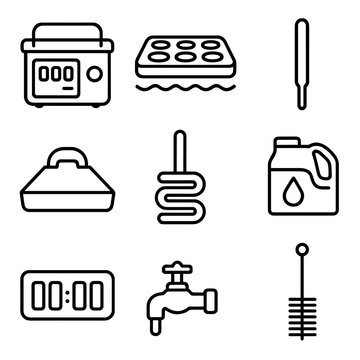 Water Bath Apparatus Icons. Line style icons of Water Bath Apparatus: digital water bath, floating rack, thermometer probe, lid