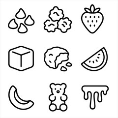 Naklejka premium Frozen Yogurt Toppings Icons. Line style icons of Frozen Yogurt Toppings: chocolate chips, granola cluster, fresh strawberry,