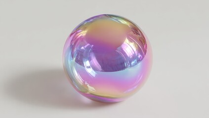 Iridescent Orb. A smooth, round sphere reflects pastel hues of pink, blue, yellow, and purple. The sphere casts a soft shadow on the clean, bright background, creating a dreamy, ethereal feel