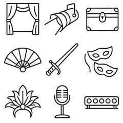 Stage Performance Icons. Line style icons of Stage Performance Props: velvet curtain, spotlight beam, costume trunk, handheld fan