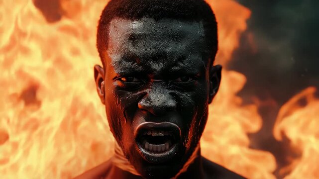 A man wearing black makeup and paint on his face, expressionless