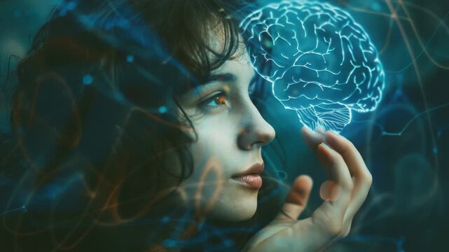 A woman holds a glowing brain in front of her face, representing innovation and creativity