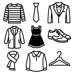 Line Style Fashion Icons. Line style icons of black and white clothing styles: striped shirt icon, monochrome tie, tuxedo outline,