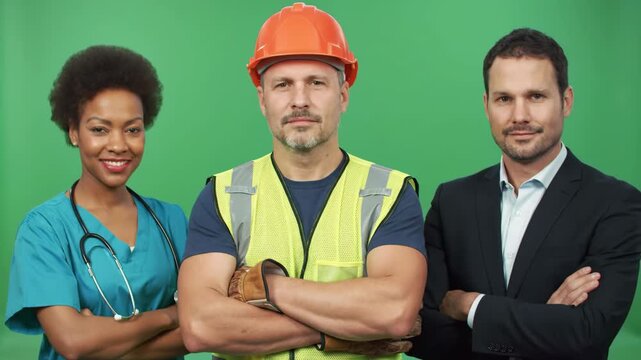 group of people of different professions. female doctor, male construction worker and businessman stand together and look confidently at camera. shot on green screen, symbol of professional community