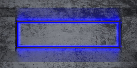 3d rendering of a concrete wall with glowing blue neon frame. Minimalist cyberpunk-style interior background with dramatic lighting.