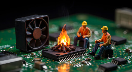 Miniature Workers Sitting near a fan like a campfire on Circuit Board