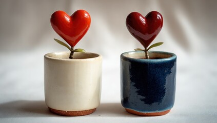 Two small potted "plants" with heart-shaped, shiny fruit, one red and one maroon, stand side-by-side. The simple ceramic pots are white and dark blue, with exposed terracotta bases