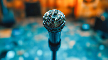 Microphone with bokeh light background, stand up comedy show, karaoke or singing contest, background for poster design, open mic and jokes show