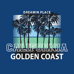 vector illustration of california theme with palm trees . tee shirt graphics. Typography