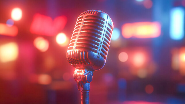 Microphone with bokeh light background, stand up comedy show, karaoke or singing contest, background for poster design, open mic and jokes show