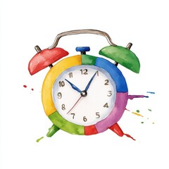 Colorful Watercolor Alarm Clock Illustration with Rainbow Segments on White Background