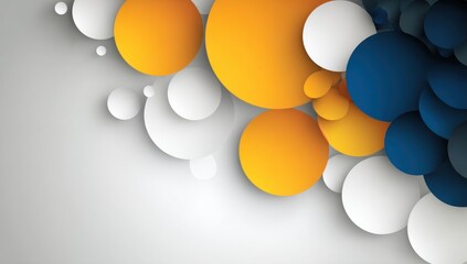 Abstract circles overlap in white, yellow, and dark blue, casting soft shadows on a gradient gray background. The forms create a sense of depth and playful movement in the corner space