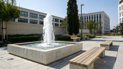 Modern urban courtyard features a tall water fountain surrounded by benches and buildings