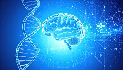 Blue Glowing Brain And DNA Strand Representing Digital Intelligence And Scientific Advancement In A Futuristic Illustration