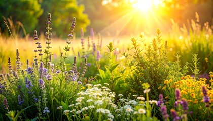 Vibrant wildflowers bathed in golden sunlight, creating a serene and idyllic summer meadow scene