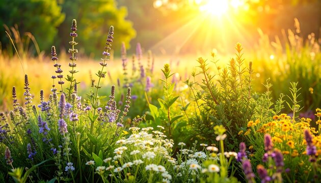 Fototapeta Vibrant wildflowers bathed in golden sunlight, creating a serene and idyllic summer meadow scene