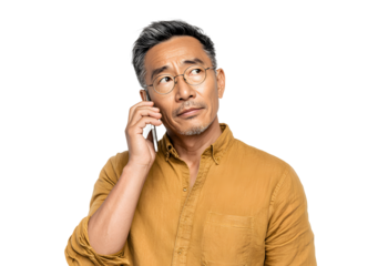 Middle aged asian man is talking on his smartphone with a thoughtful expression on transparent background