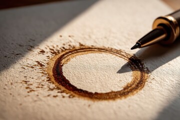 Coffee stain ring on textured paper with elegant pen in morning sunlight