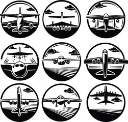 Nine Vintage Black and White Airplane Icons: Air Travel, Transportation, Aviation Graphics.