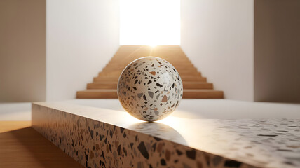 Terrazzo sphere design element with stairs and light for interior design and architecture render scene