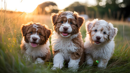 Three cute australian shepherd puppies sitting in grass adorable dog breeds pet photography animal lovers dogs