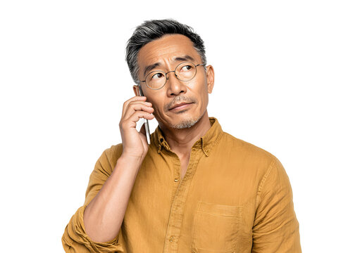 Middle aged asian man is talking on his smartphone with a thoughtful expression on transparent background