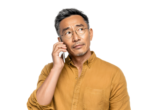Middle aged asian man is talking on his smartphone with a thoughtful expression on transparent background