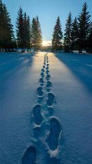 Snowy landscape with footprints leading to the sunset through a forest winter wonderland scene view trail