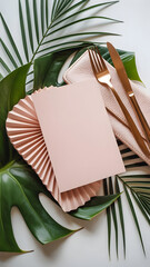 Stockof invitation mockup with tropical leaves and gold cutlery for wedding or event design