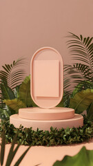 Product display podium mockup with tropical leaves for cosmetic and beauty presentation scene