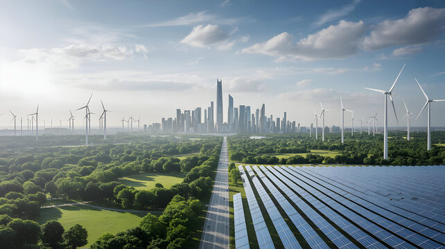 Clean energy future cityscape renewable power wind turbines solar panels sustainable development green city - Powered by Adobe