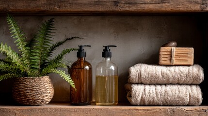 Refillable bottles and eco-friendly toiletries in a tidy natural bathroom