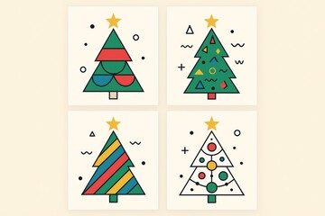 Festive geometric christmas trees gleaming with gold star toppers, presenting contemporary holiday decor in vibrant color palette