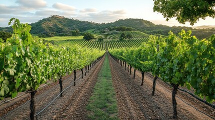 Naklejka premium Vineyard landscape at sunrise