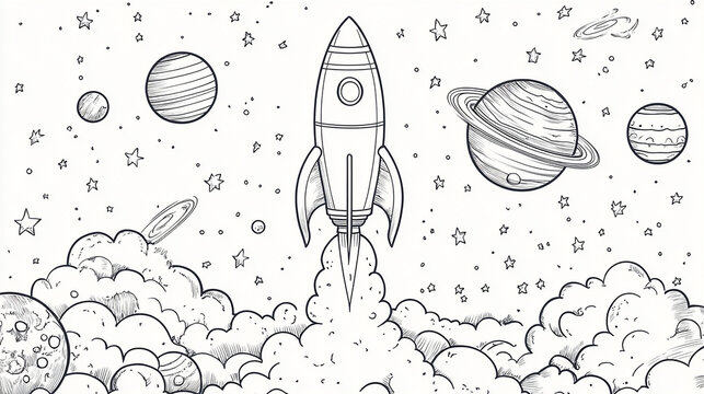 A drawing of a rocket ship blasting off into space with planets and stars all around it in black and white
