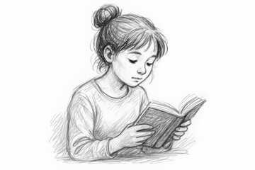 Girl reading book intently, pencil sketch capturing concentrated facial expression while deeply engaged with narrative pages