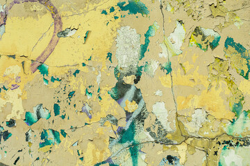 Abstract: crumbling graffiti on a city street wall. Colorful abstract background. Old, cracked,...