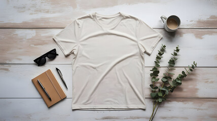 Mockup flat lay cream t shirt apparel clothing fashion style design template blank product presentation