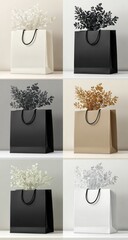 Six paper shopping bags, arranged in a grid, hold sprigs of foliage, ranging in color from white to black to golden brown. Simple backdrop, minimal composition